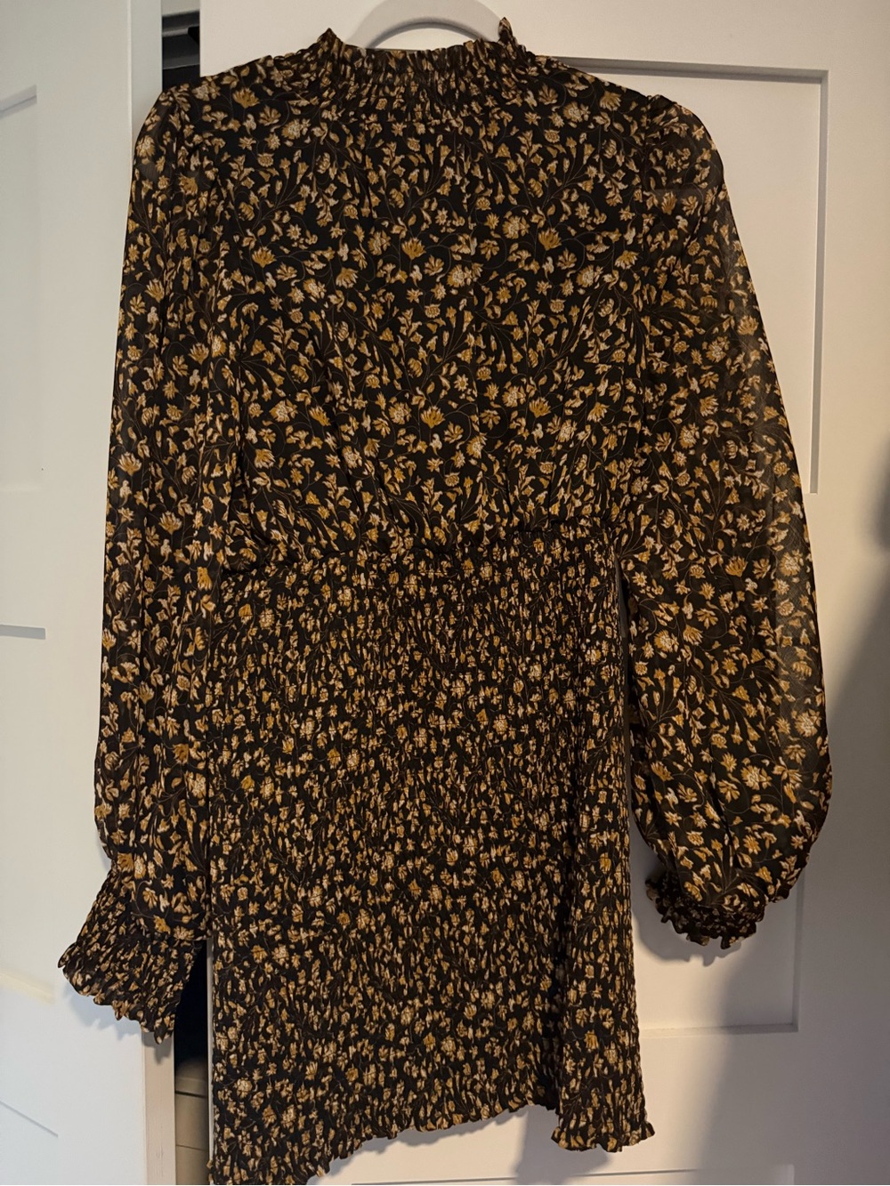 Smocked High-Neck Floral Long-Sleeve Dress- Black & Gold